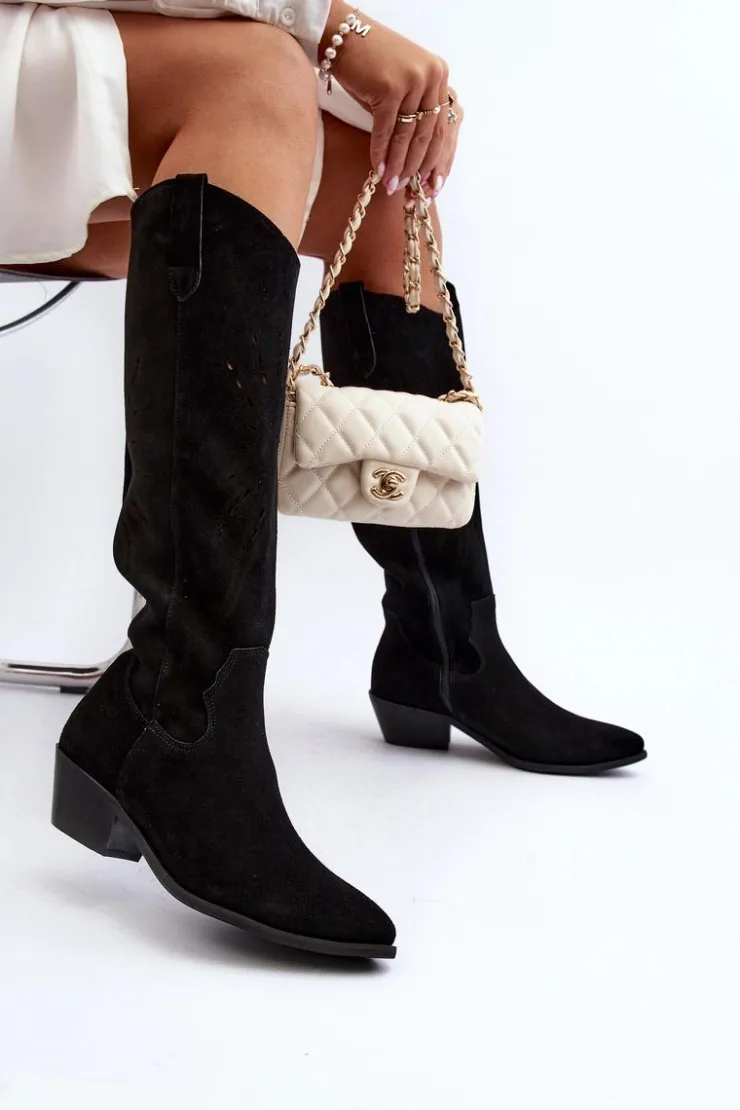 Damskie Zazoo 2909 Zamszowe Kozaki Ażurowe Na Niskim Obcasie Czarne