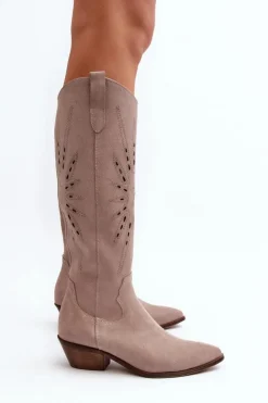 New Zazoo 2909 Zamszowe Kozaki Ażurowe Na Niskim Obcasie Beżowe Beżowy