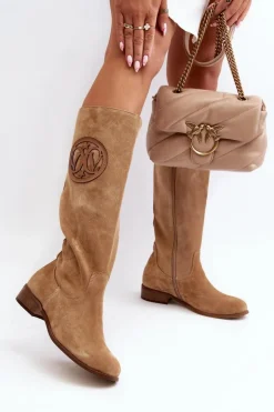 Damskie Zazoo 3367 Zamszowe Kozaki Damskie Przed Kolano Beżowe