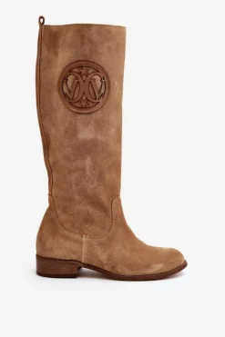 Damskie Zazoo 3367 Zamszowe Kozaki Damskie Przed Kolano Beżowe