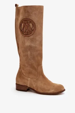 Damskie Zazoo 3367 Zamszowe Kozaki Damskie Przed Kolano Beżowe