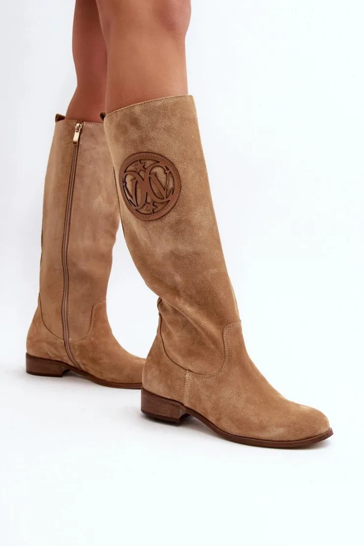 Damskie Zazoo 3367 Zamszowe Kozaki Damskie Przed Kolano Beżowe