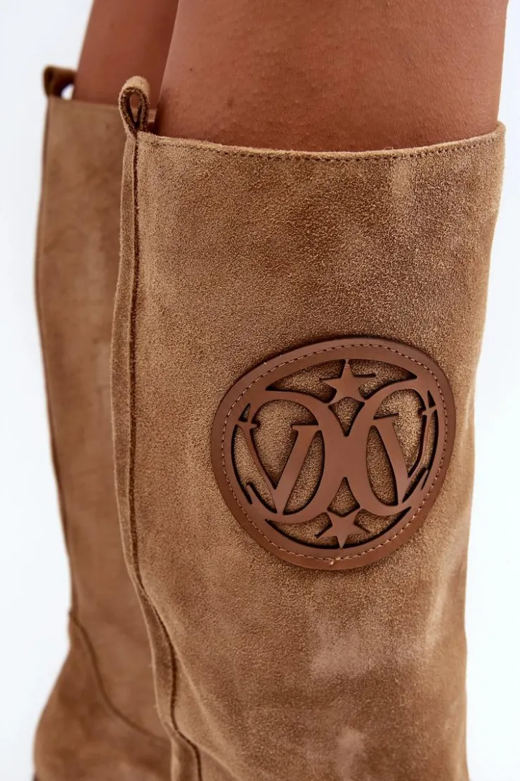 Damskie Zazoo 3367 Zamszowe Kozaki Damskie Przed Kolano Beżowe