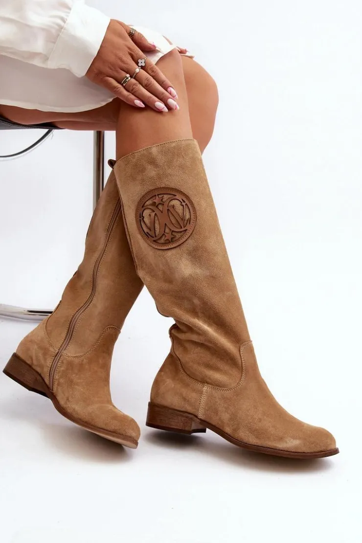 Damskie Zazoo 3367 Zamszowe Kozaki Damskie Przed Kolano Beżowe