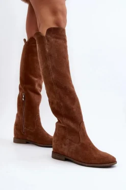 Best Zazoo 3407 Zamszowe Kozaki Do Kolana Na Płaskim Obcasie Camel