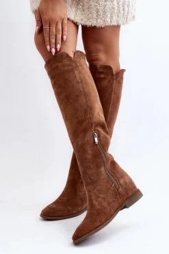 Best Zazoo 3407 Zamszowe Kozaki Do Kolana Na Płaskim Obcasie Camel