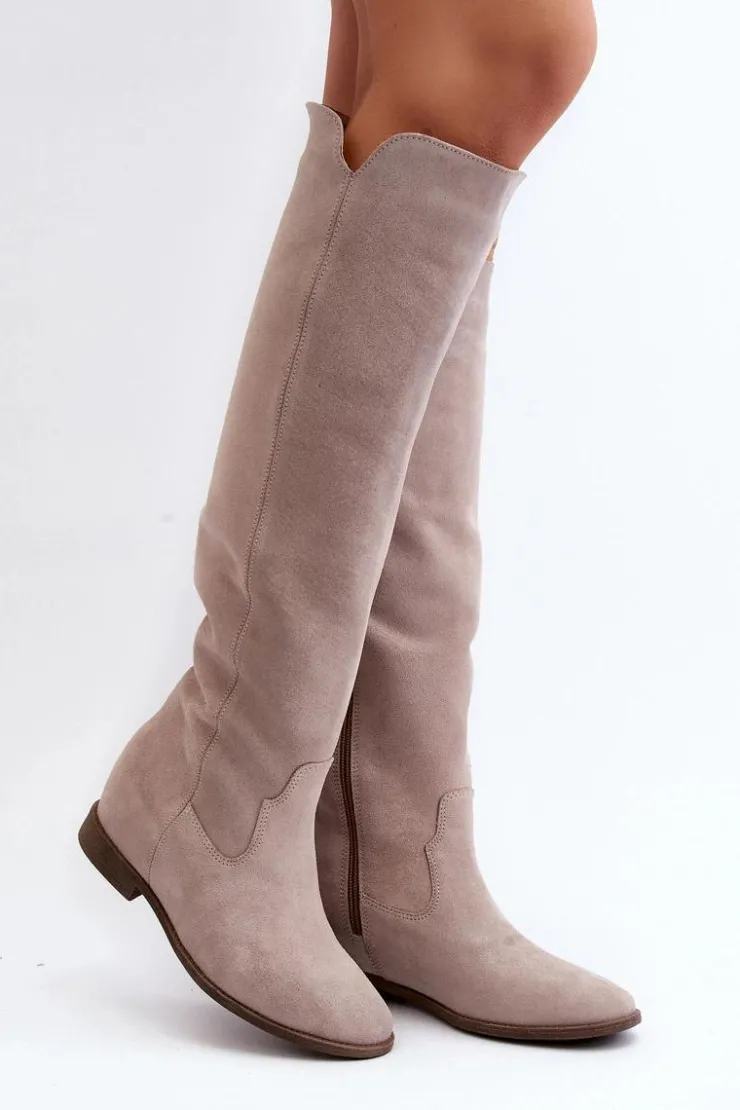 Zazoo Kozaki Wiosenne|Kozaki Płaskie*3407 Zamszowe Kozaki Do Kolana Na Płaskim Obcasie Cappuccino