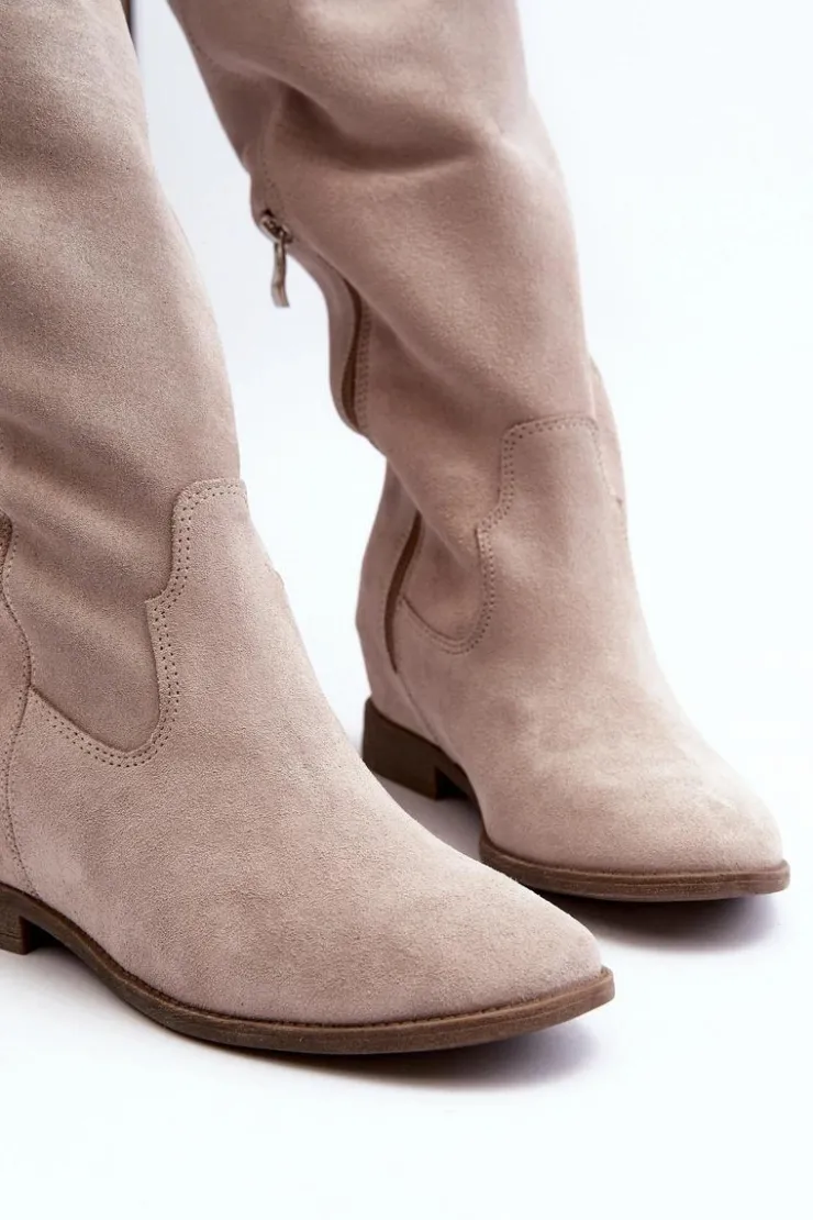 Zazoo Kozaki Wiosenne|Kozaki Płaskie*3407 Zamszowe Kozaki Do Kolana Na Płaskim Obcasie Cappuccino