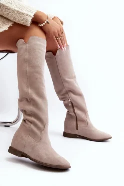 Zazoo Kozaki Wiosenne|Kozaki Płaskie*3407 Zamszowe Kozaki Do Kolana Na Płaskim Obcasie Cappuccino