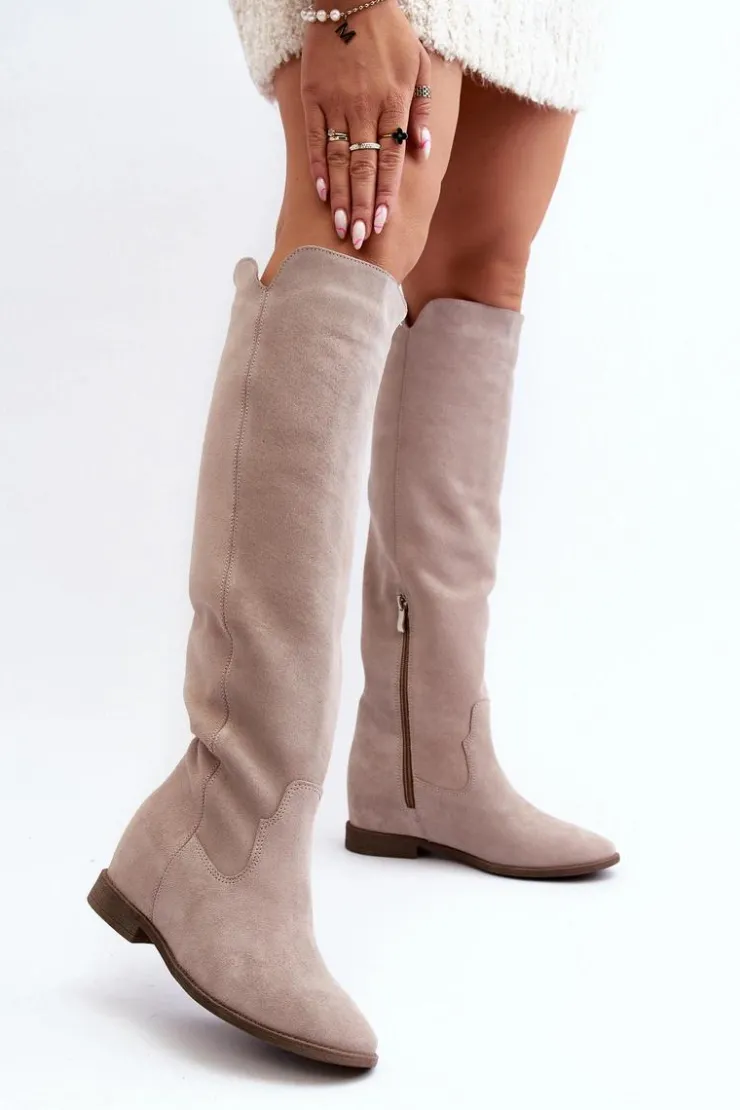 Zazoo Kozaki Wiosenne|Kozaki Płaskie*3407 Zamszowe Kozaki Do Kolana Na Płaskim Obcasie Cappuccino