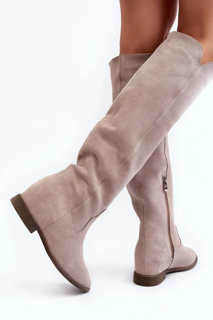 Zazoo Kozaki Wiosenne|Kozaki Płaskie*3407 Zamszowe Kozaki Do Kolana Na Płaskim Obcasie Cappuccino