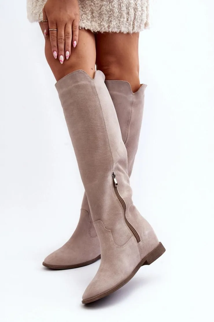 Zazoo Kozaki Wiosenne|Kozaki Płaskie*3407 Zamszowe Kozaki Do Kolana Na Płaskim Obcasie Cappuccino
