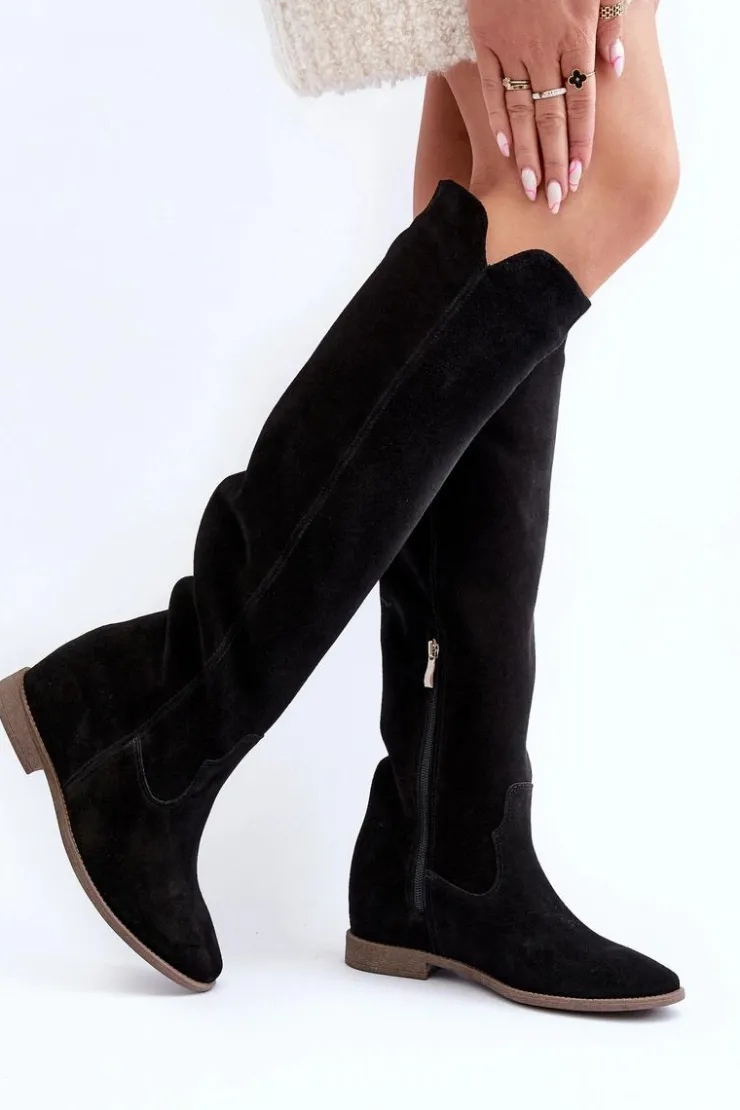 Discount Zazoo 3407 Zamszowe Kozaki Do Kolana Na Płaskim Obcasie Czarne Czarny