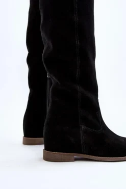 Discount Zazoo 3407 Zamszowe Kozaki Do Kolana Na Płaskim Obcasie Czarne Czarny