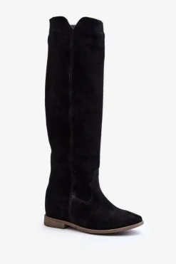 Discount Zazoo 3407 Zamszowe Kozaki Do Kolana Na Płaskim Obcasie Czarne Czarny