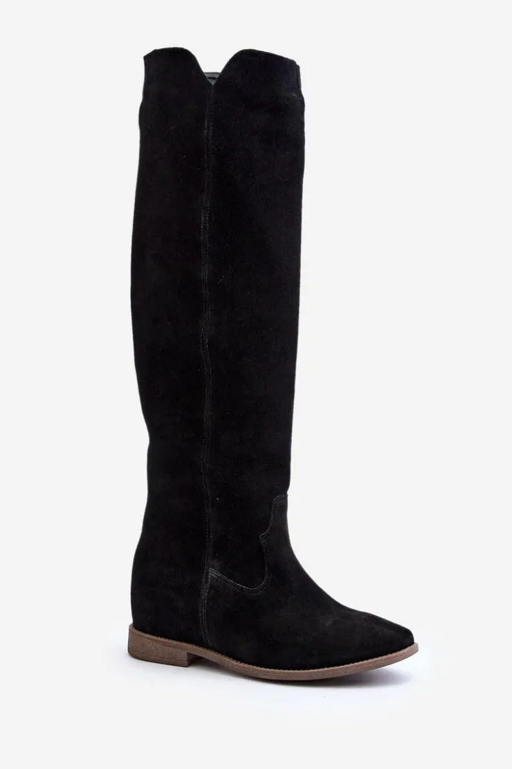 Discount Zazoo 3407 Zamszowe Kozaki Do Kolana Na Płaskim Obcasie Czarne Czarny
