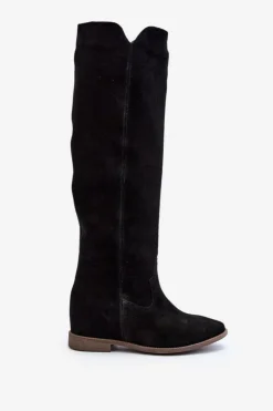 Discount Zazoo 3407 Zamszowe Kozaki Do Kolana Na Płaskim Obcasie Czarne Czarny