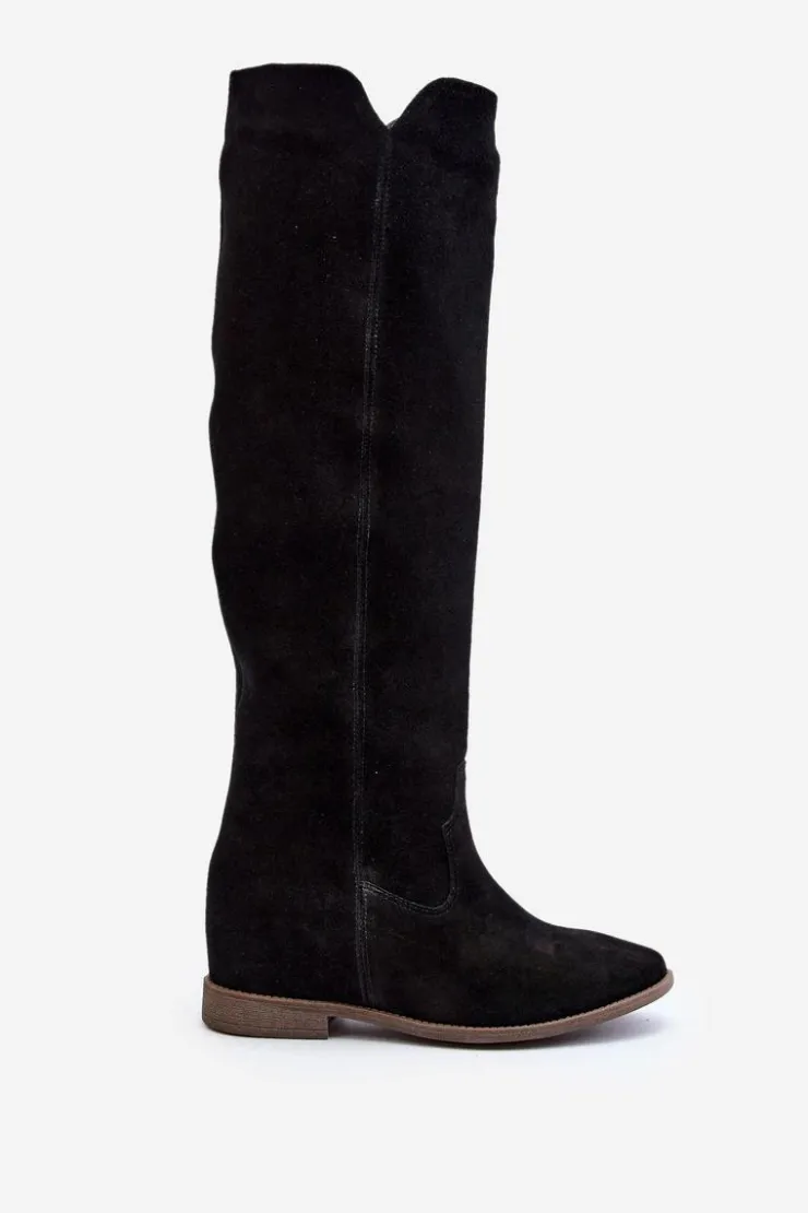 Discount Zazoo 3407 Zamszowe Kozaki Do Kolana Na Płaskim Obcasie Czarne Czarny