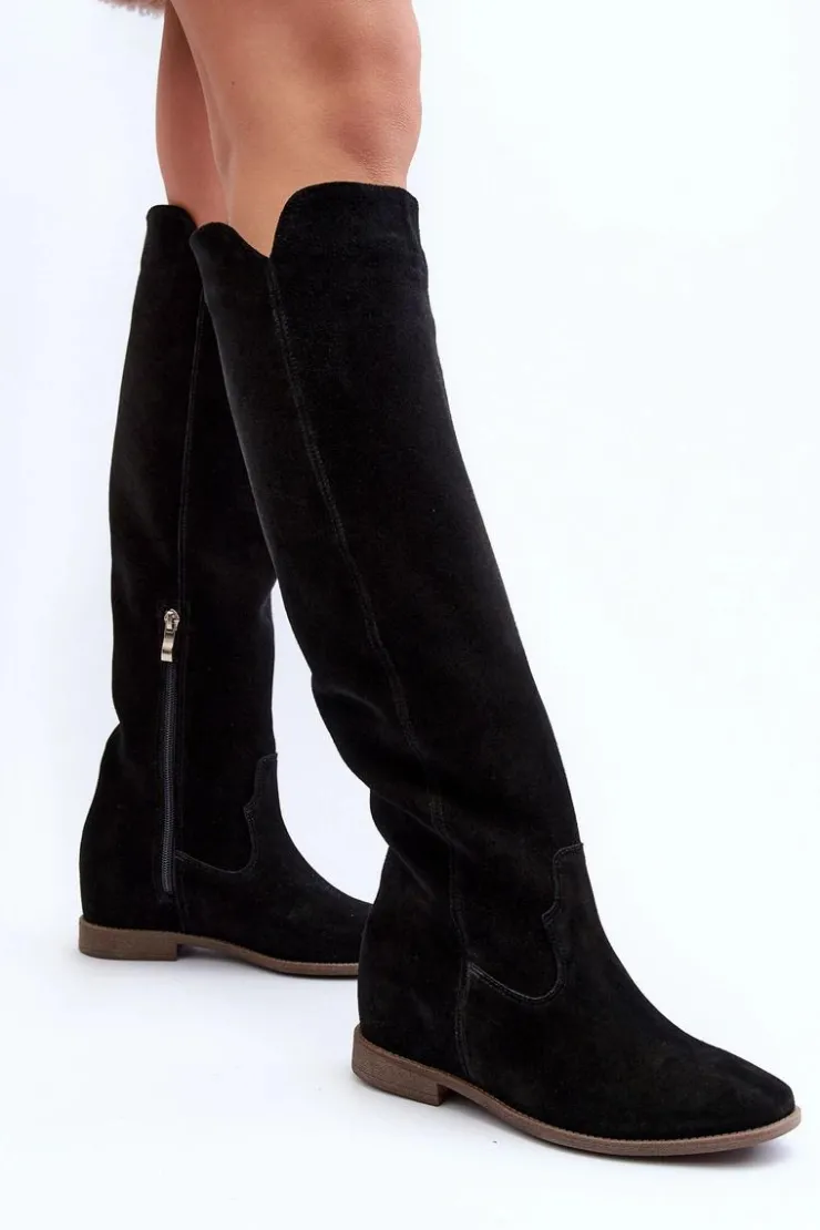 Discount Zazoo 3407 Zamszowe Kozaki Do Kolana Na Płaskim Obcasie Czarne Czarny
