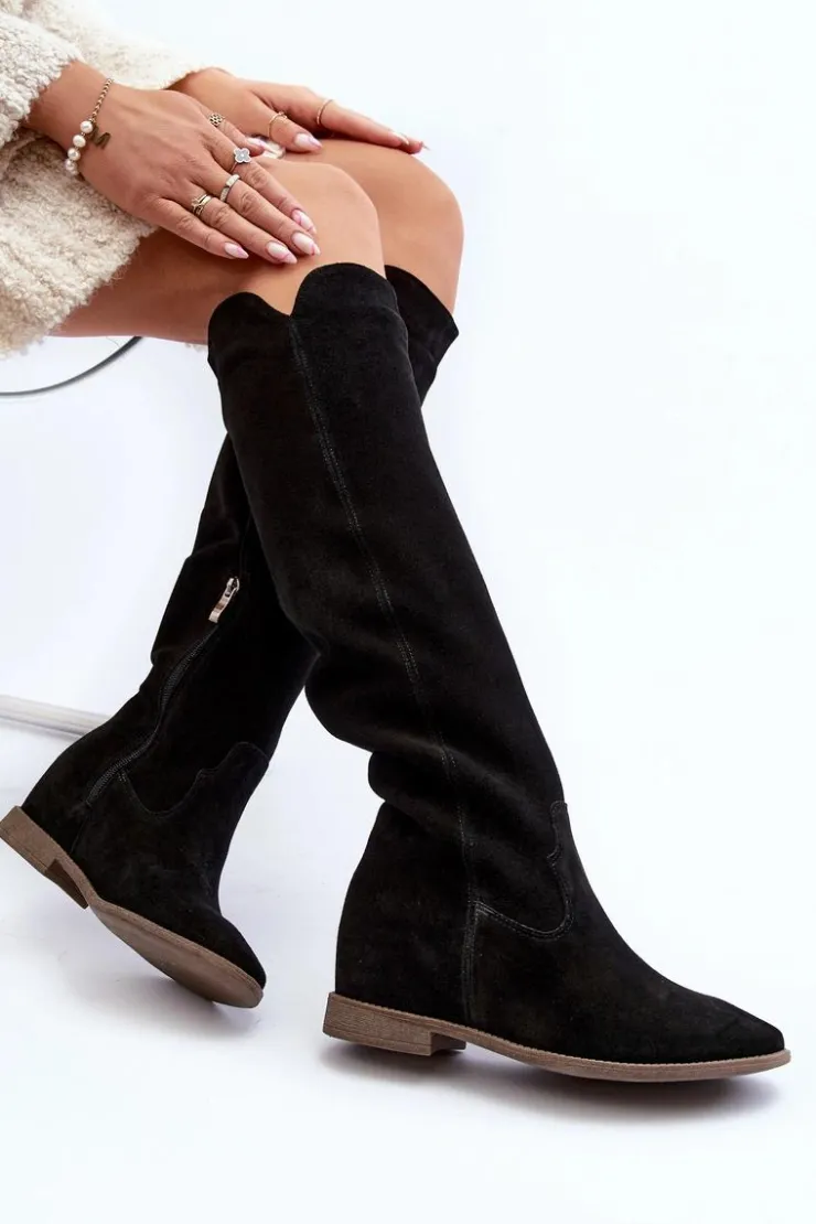 Discount Zazoo 3407 Zamszowe Kozaki Do Kolana Na Płaskim Obcasie Czarne Czarny