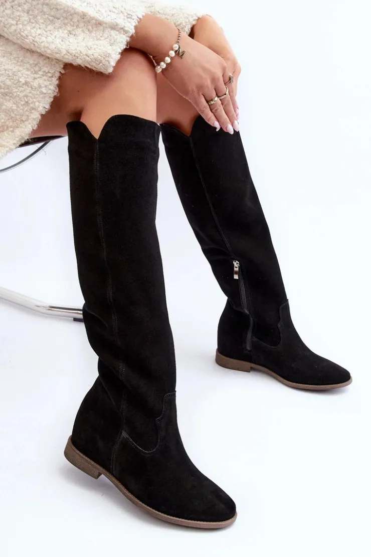 Discount Zazoo 3407 Zamszowe Kozaki Do Kolana Na Płaskim Obcasie Czarne Czarny