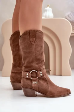 Damskie Zazoo 3669 Zamszowe Kozaki Kowbojki Damskie Do Połowy Łydki Brązowe