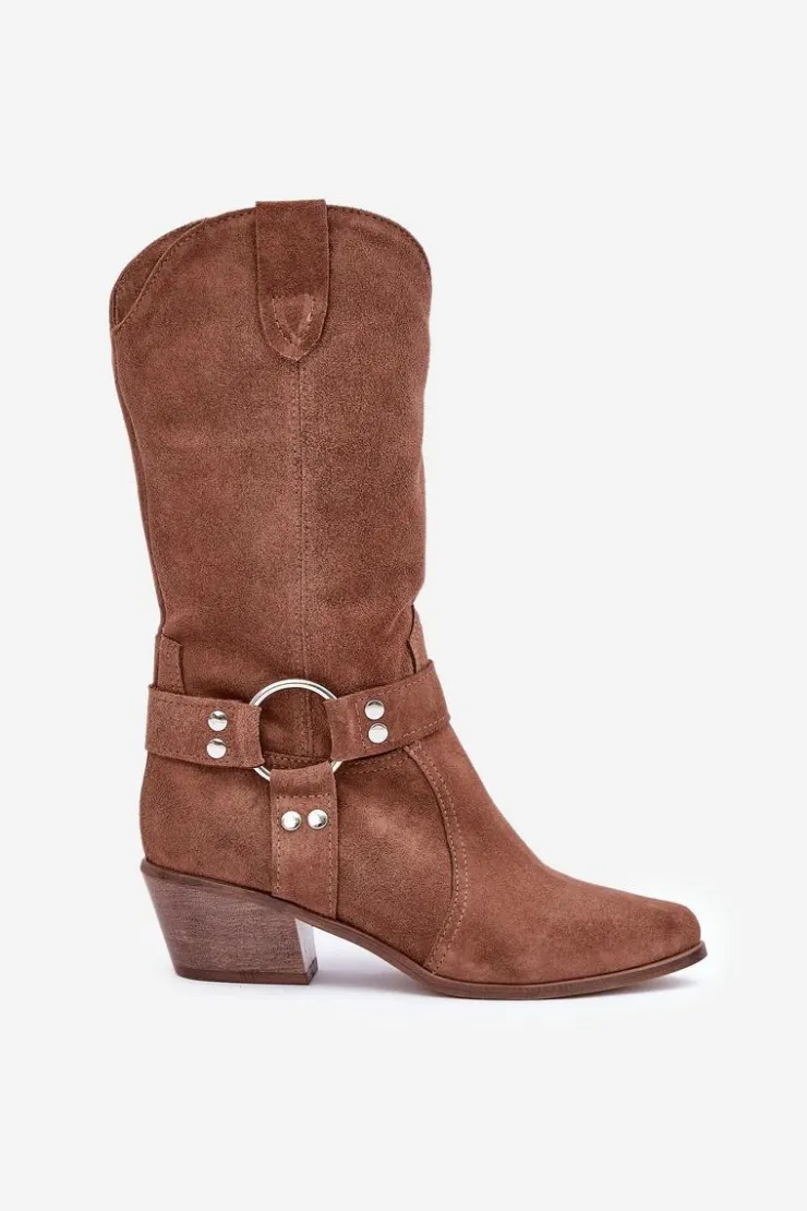 Damskie Zazoo 3669 Zamszowe Kozaki Kowbojki Damskie Do Połowy Łydki Brązowe