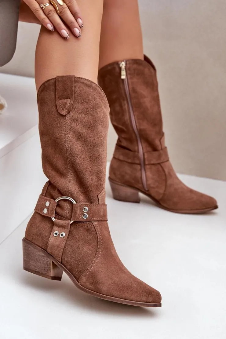 Damskie Zazoo 3669 Zamszowe Kozaki Kowbojki Damskie Do Połowy Łydki Brązowe