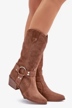 Damskie Zazoo 3669 Zamszowe Kozaki Kowbojki Damskie Do Połowy Łydki Brązowe