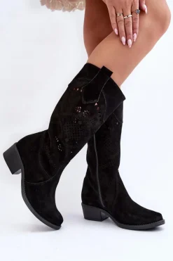 Zazoo Kozaki Na Słupku|Kozaki Wiosenne*4043 Zamszowe Kozaki Na Niskim Obcasie Ażurowe Czarne Czarny
