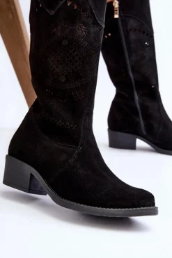 Zazoo Kozaki Na Słupku|Kozaki Wiosenne*4043 Zamszowe Kozaki Na Niskim Obcasie Ażurowe Czarne Czarny