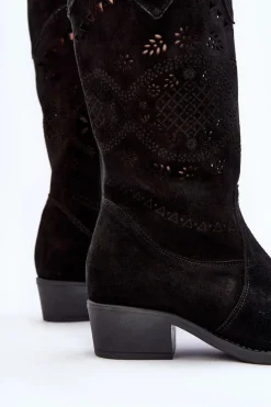 Zazoo Kozaki Na Słupku|Kozaki Wiosenne*4043 Zamszowe Kozaki Na Niskim Obcasie Ażurowe Czarne Czarny