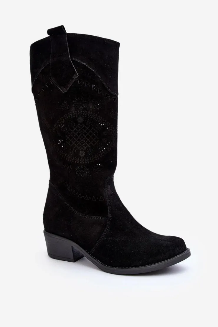 Zazoo Kozaki Na Słupku|Kozaki Wiosenne*4043 Zamszowe Kozaki Na Niskim Obcasie Ażurowe Czarne Czarny