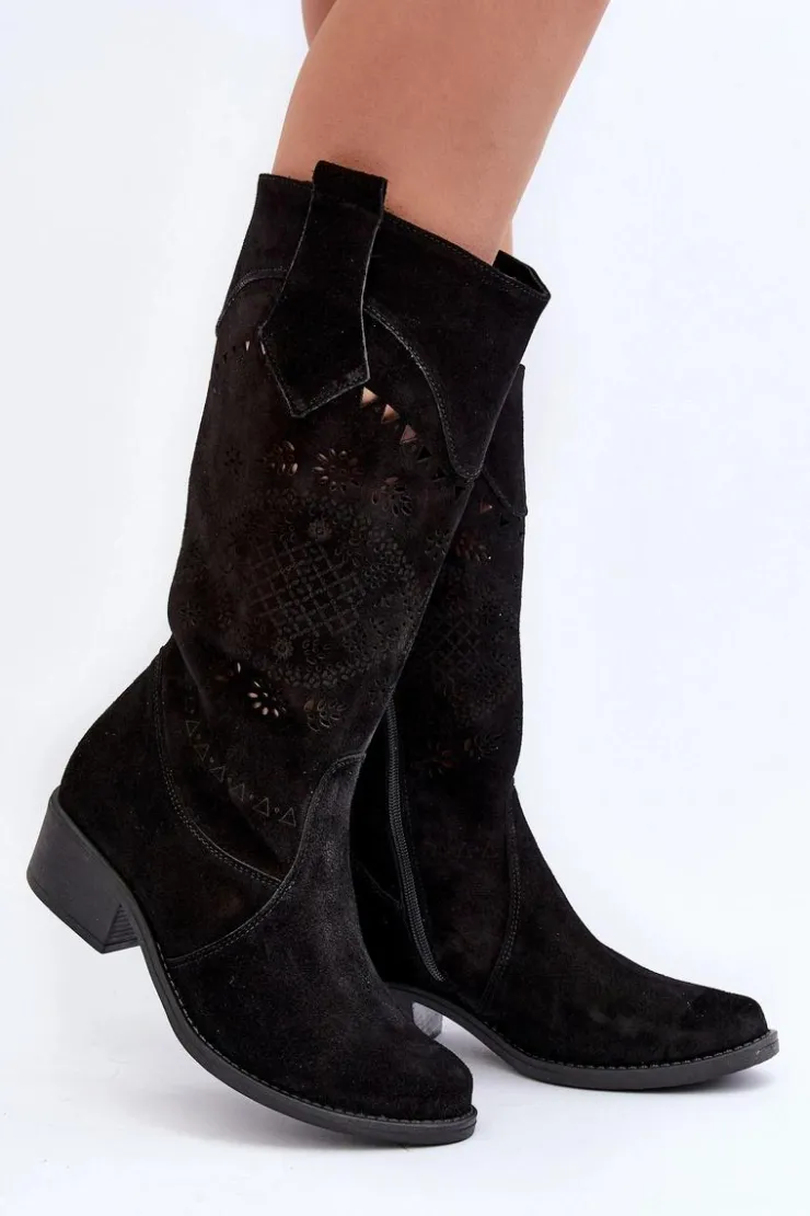 Zazoo Kozaki Na Słupku|Kozaki Wiosenne*4043 Zamszowe Kozaki Na Niskim Obcasie Ażurowe Czarne Czarny