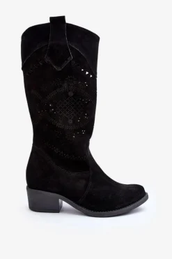 Zazoo Kozaki Na Słupku|Kozaki Wiosenne*4043 Zamszowe Kozaki Na Niskim Obcasie Ażurowe Czarne Czarny