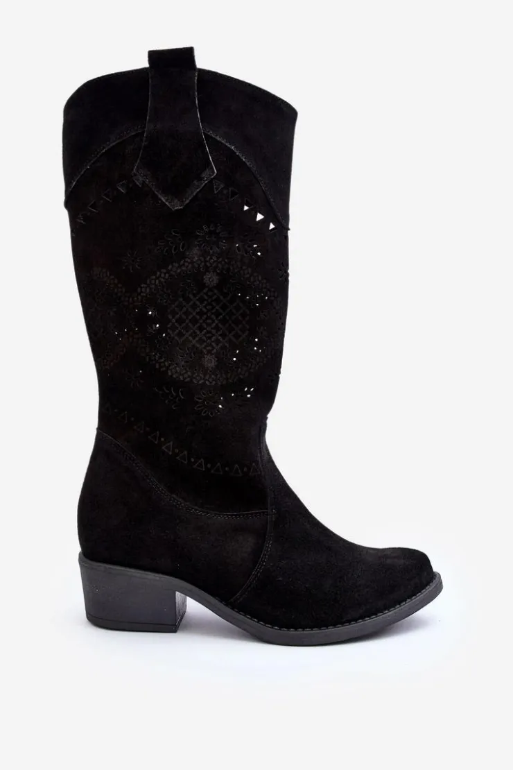 Zazoo Kozaki Na Słupku|Kozaki Wiosenne*4043 Zamszowe Kozaki Na Niskim Obcasie Ażurowe Czarne Czarny