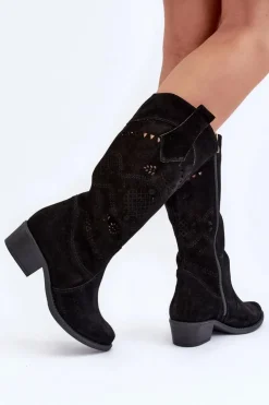 Zazoo Kozaki Na Słupku|Kozaki Wiosenne*4043 Zamszowe Kozaki Na Niskim Obcasie Ażurowe Czarne Czarny