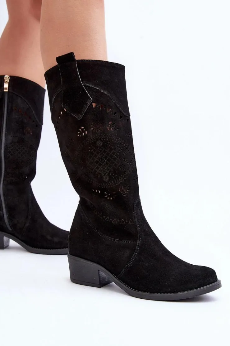 Zazoo Kozaki Na Słupku|Kozaki Wiosenne*4043 Zamszowe Kozaki Na Niskim Obcasie Ażurowe Czarne Czarny