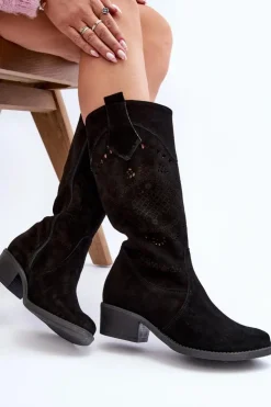 Zazoo Kozaki Na Słupku|Kozaki Wiosenne*4043 Zamszowe Kozaki Na Niskim Obcasie Ażurowe Czarne Czarny