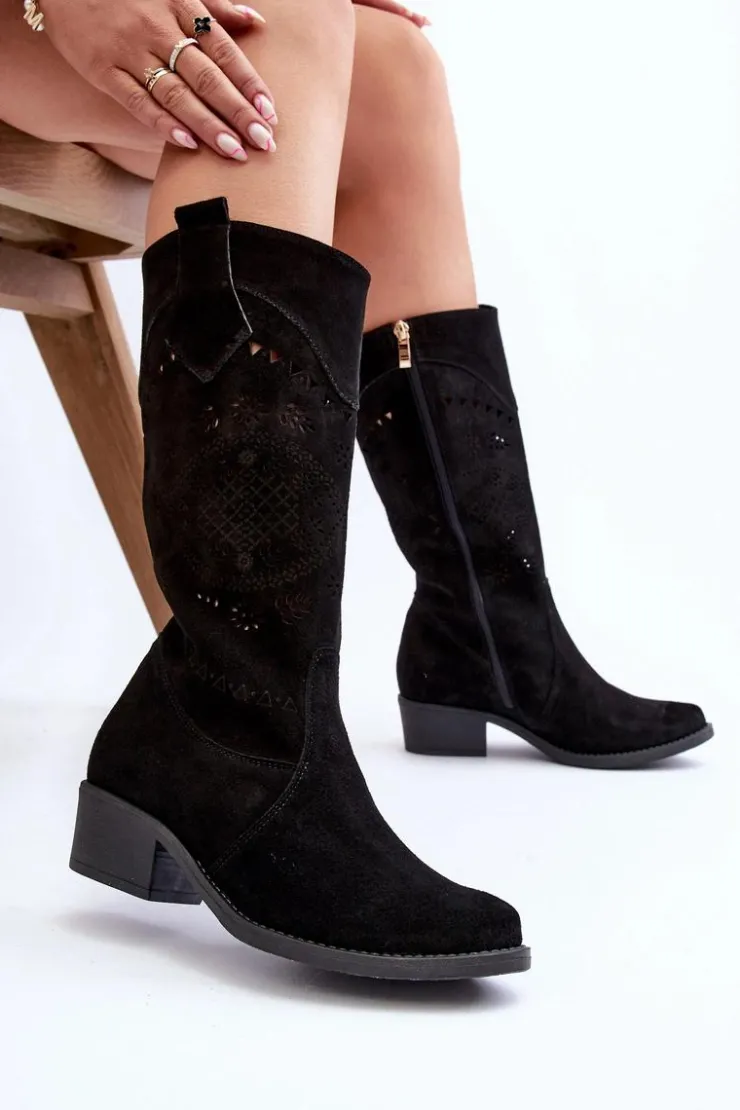 Zazoo Kozaki Na Słupku|Kozaki Wiosenne*4043 Zamszowe Kozaki Na Niskim Obcasie Ażurowe Czarne Czarny