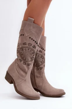 Sale Zazoo 4043 Zamszowe Kozaki Na Niskim Obcasie Ażurowe Cappucino Beżowy