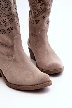 Sale Zazoo 4043 Zamszowe Kozaki Na Niskim Obcasie Ażurowe Cappucino Beżowy