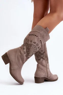 Sale Zazoo 4043 Zamszowe Kozaki Na Niskim Obcasie Ażurowe Cappucino Beżowy