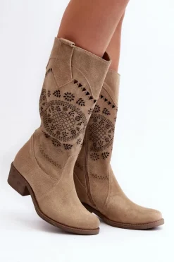 Damskie Zazoo 4043 Zamszowe Kozaki Na Niskim Obcasie Ażurowe Beżowe