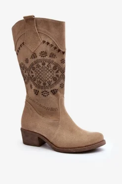 Damskie Zazoo 4043 Zamszowe Kozaki Na Niskim Obcasie Ażurowe Beżowe