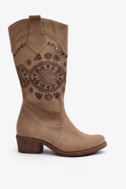 Damskie Zazoo 4043 Zamszowe Kozaki Na Niskim Obcasie Ażurowe Beżowe