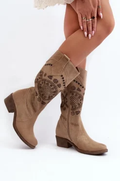 Damskie Zazoo 4043 Zamszowe Kozaki Na Niskim Obcasie Ażurowe Beżowe