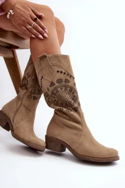 Damskie Zazoo 4043 Zamszowe Kozaki Na Niskim Obcasie Ażurowe Beżowe