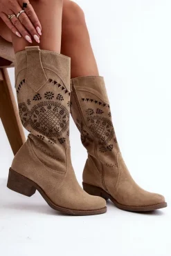Damskie Zazoo 4043 Zamszowe Kozaki Na Niskim Obcasie Ażurowe Beżowe