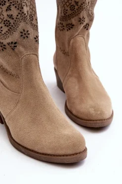 Damskie Zazoo 4043 Zamszowe Kozaki Na Niskim Obcasie Ażurowe Beżowe